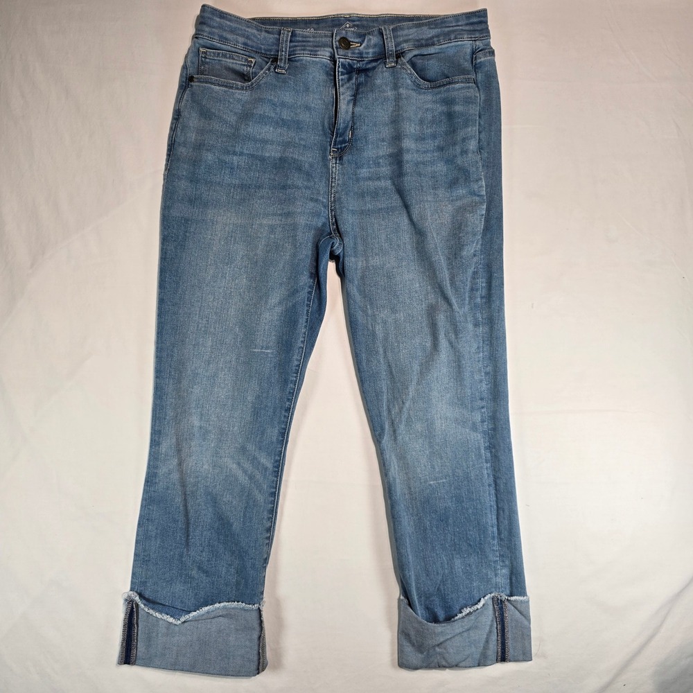 St. Johns Bay Womens Straight Leg Jeans Size 14 Medium Wash Frayed Cuff Denim